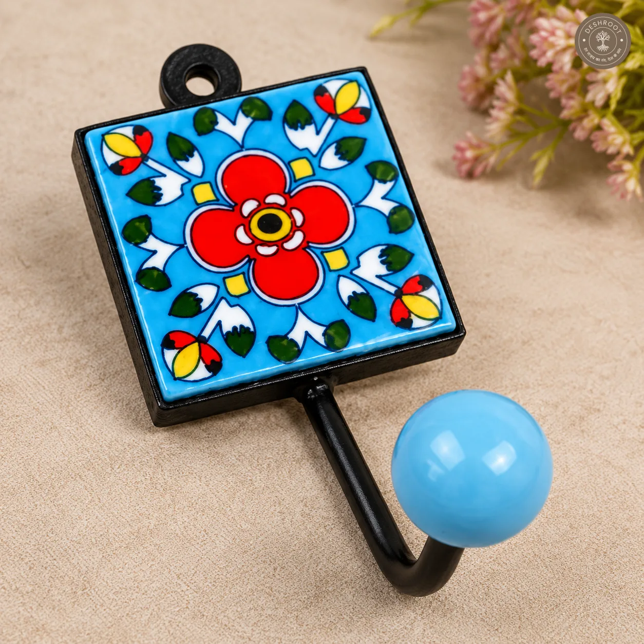 Handcrafted Jaipur Blue Pottery Wall Hook – Hand-Painted Floral Ceramic Tile with Metal Hook for Keys, Bags, Towels, Scarves & Home Décor