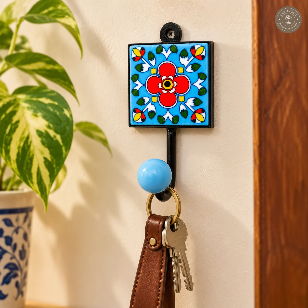 Handcrafted Jaipur Blue Pottery Wall Hook – Hand-Painted Floral Ceramic Tile with Metal Hook for Keys, Bags, Towels, Scarves & Home Décor