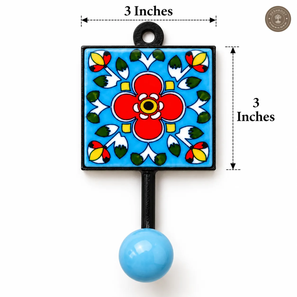 Handcrafted Jaipur Blue Pottery Wall Hook – Hand-Painted Floral Ceramic Tile with Metal Hook for Keys, Bags, Towels, Scarves & Home Décor