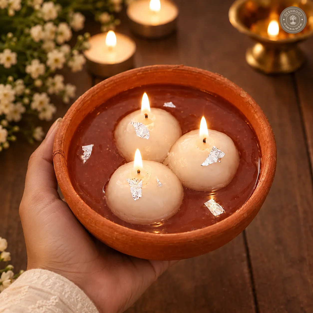 Rasgulla Candle in Terracotta Diya - Set of 3 Handmade Soy & Gel Wax Decorative Candles