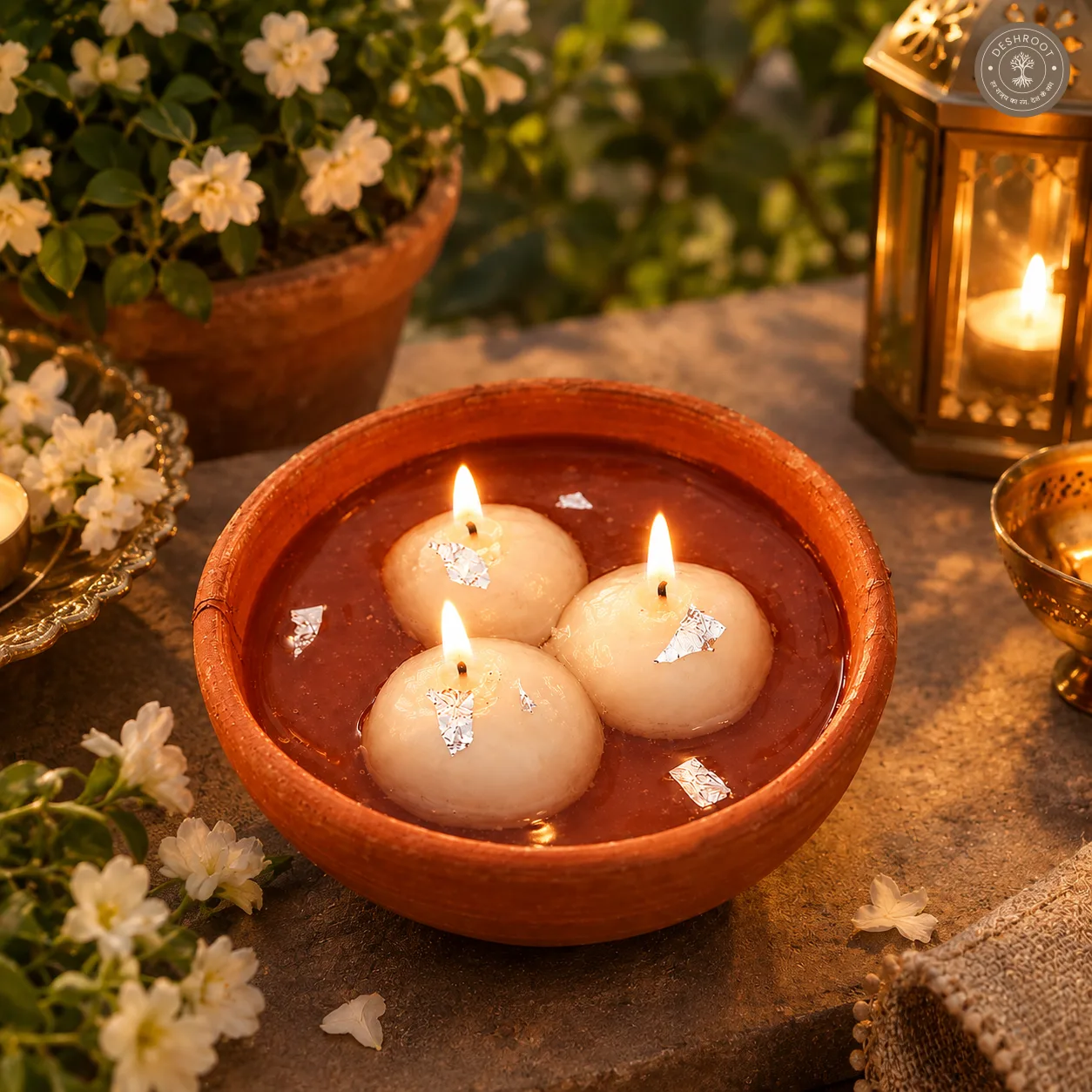 Rasgulla Candle in Terracotta Diya - Set of 3 Handmade Soy & Gel Wax Decorative Candles
