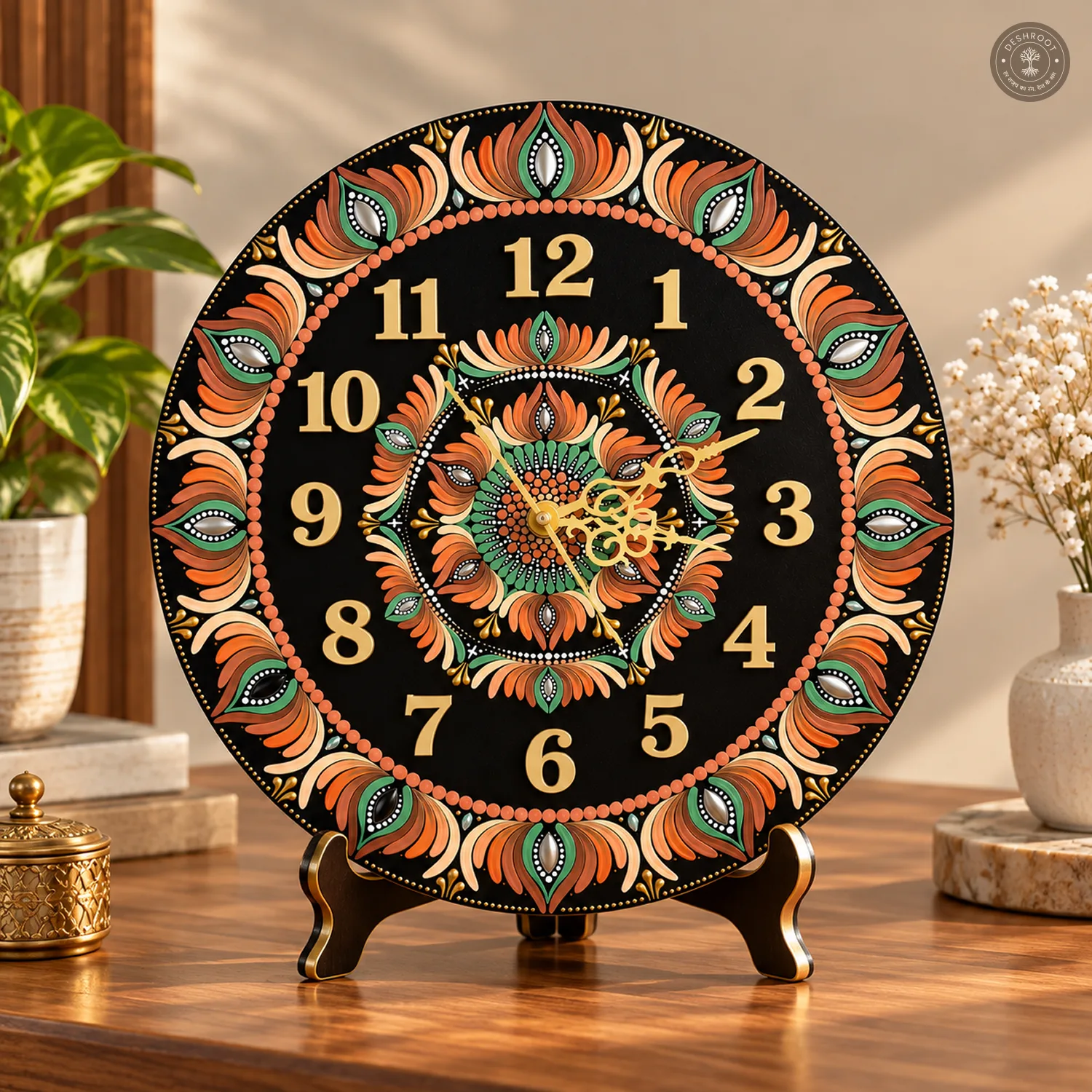Orange Green Dot Mandala Clock