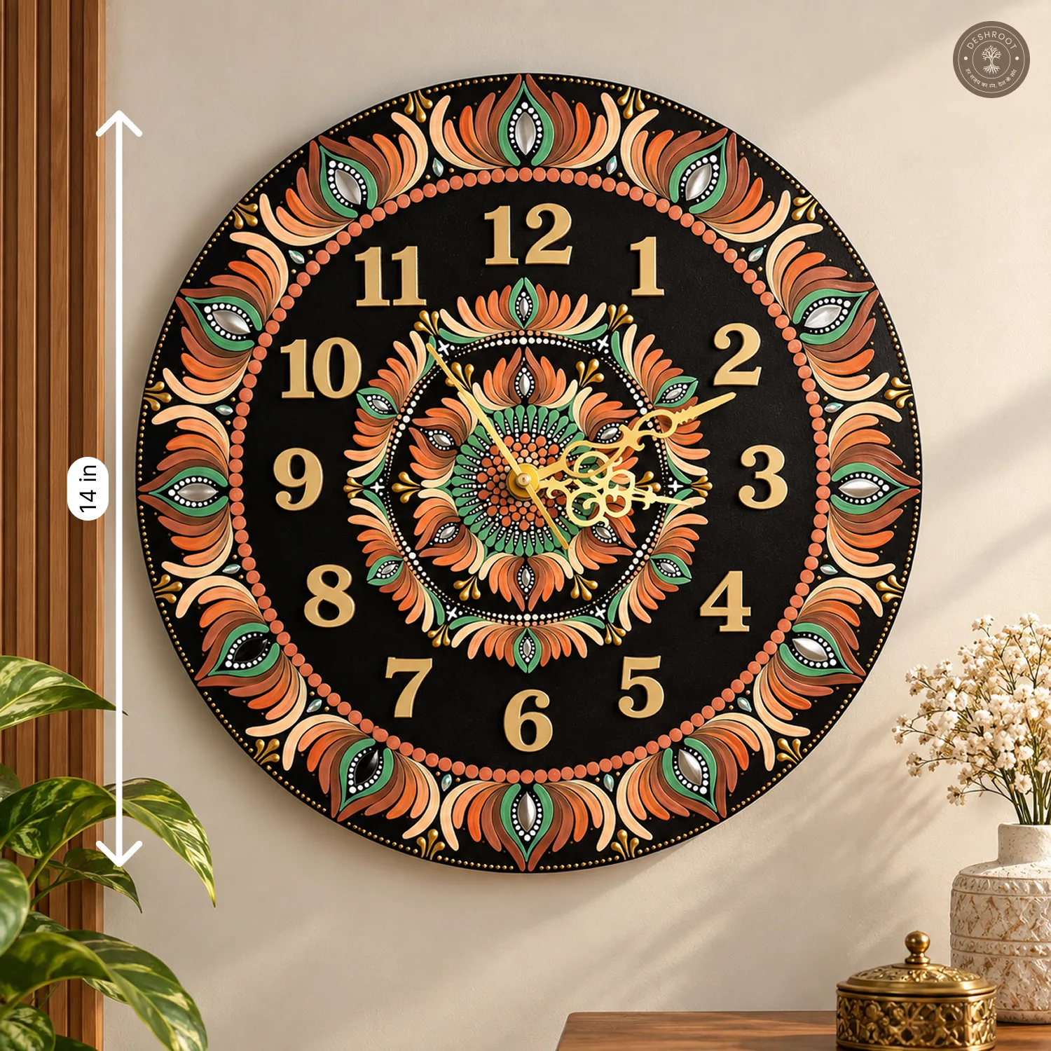 Orange Green Dot Mandala Clock