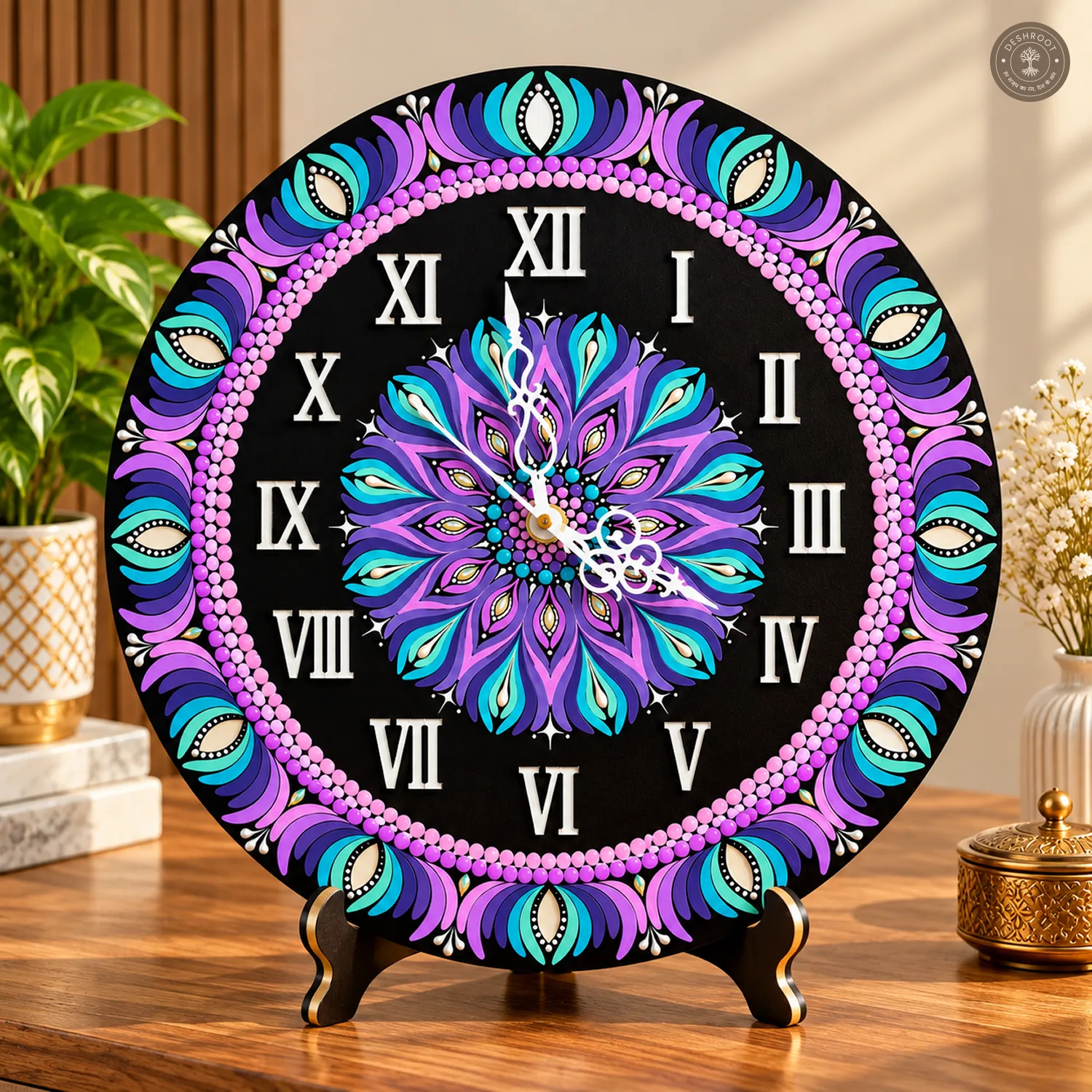 Purple Teal Dot Mandala Clock