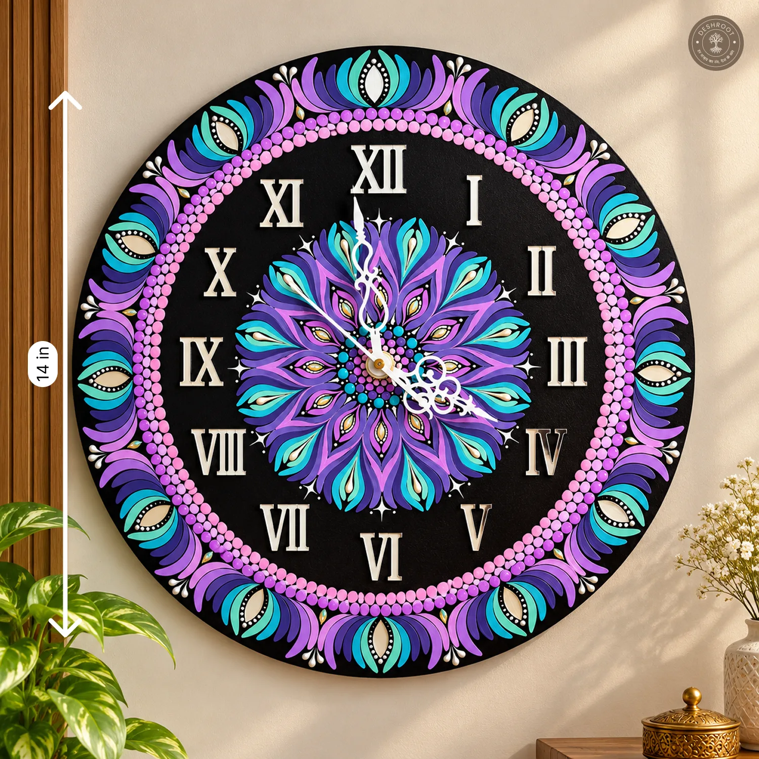 Purple Teal Dot Mandala Clock