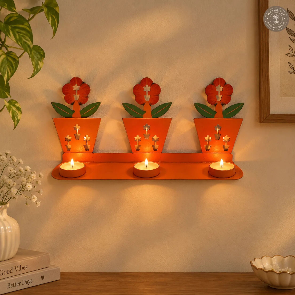 Handcrafted Iron Floral Wall Hanging Tealight Candle Holder