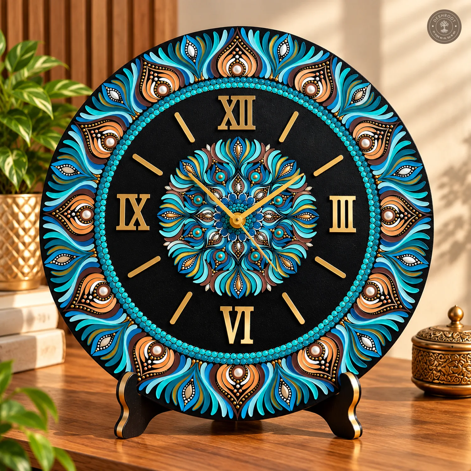 Teal Gold Dot Mandala Clock
