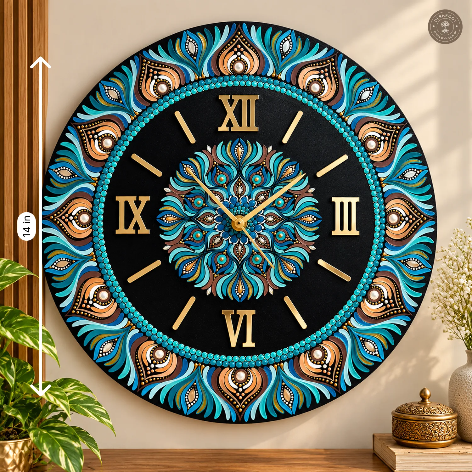 Teal Gold Dot Mandala Clock