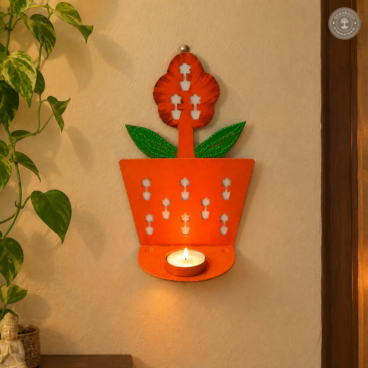 Floral Pot Design Iron Wall Hanging Tealight Candle Holder