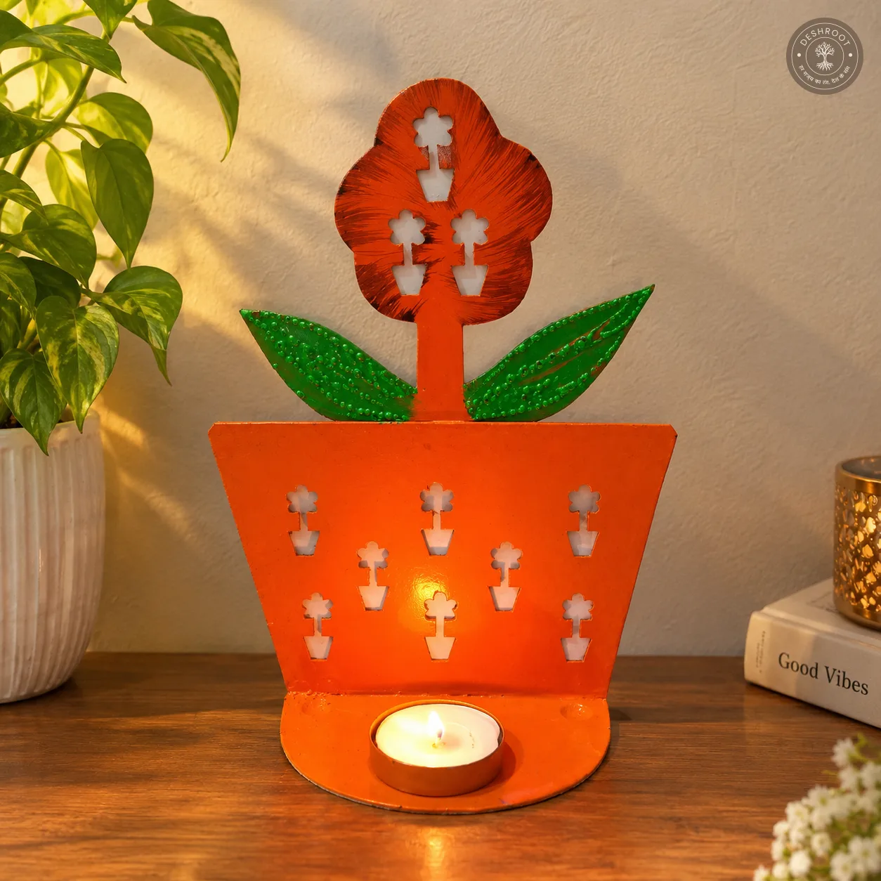 Floral Pot Design Iron Wall Hanging Tealight Candle Holder