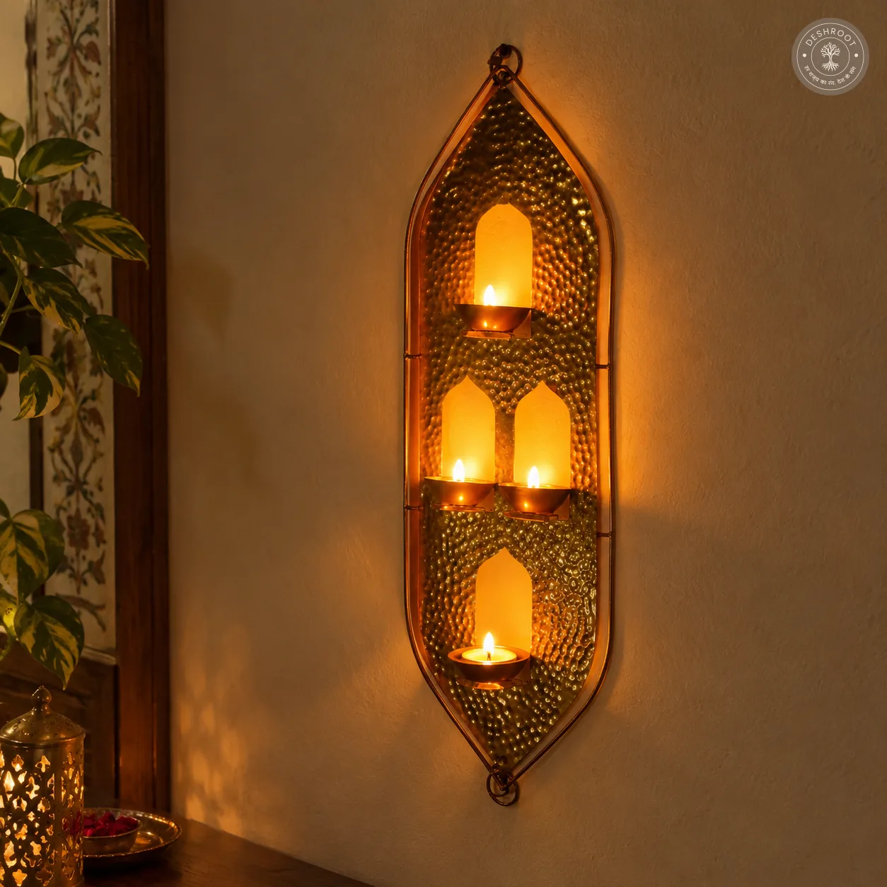 Golden Hammered Iron Wall Hanging Tealight Candle Holder with 4 Slots