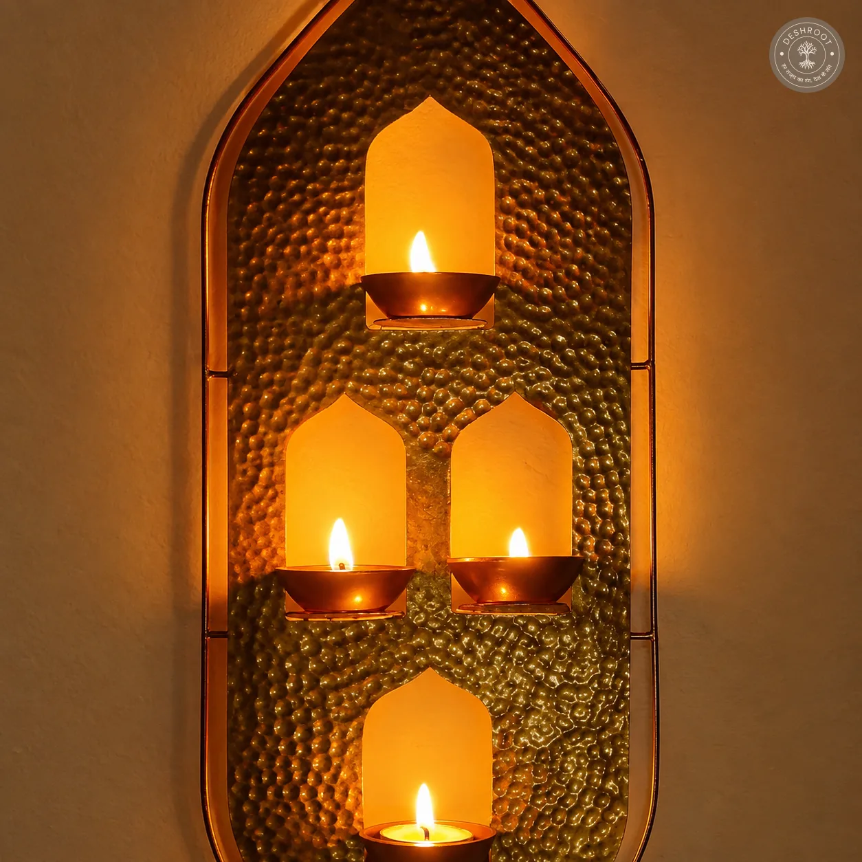 Golden Hammered Iron Wall Hanging Tealight Candle Holder with 4 Slots