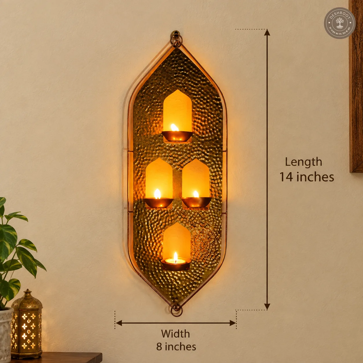 Golden Hammered Iron Wall Hanging Tealight Candle Holder with 4 Slots