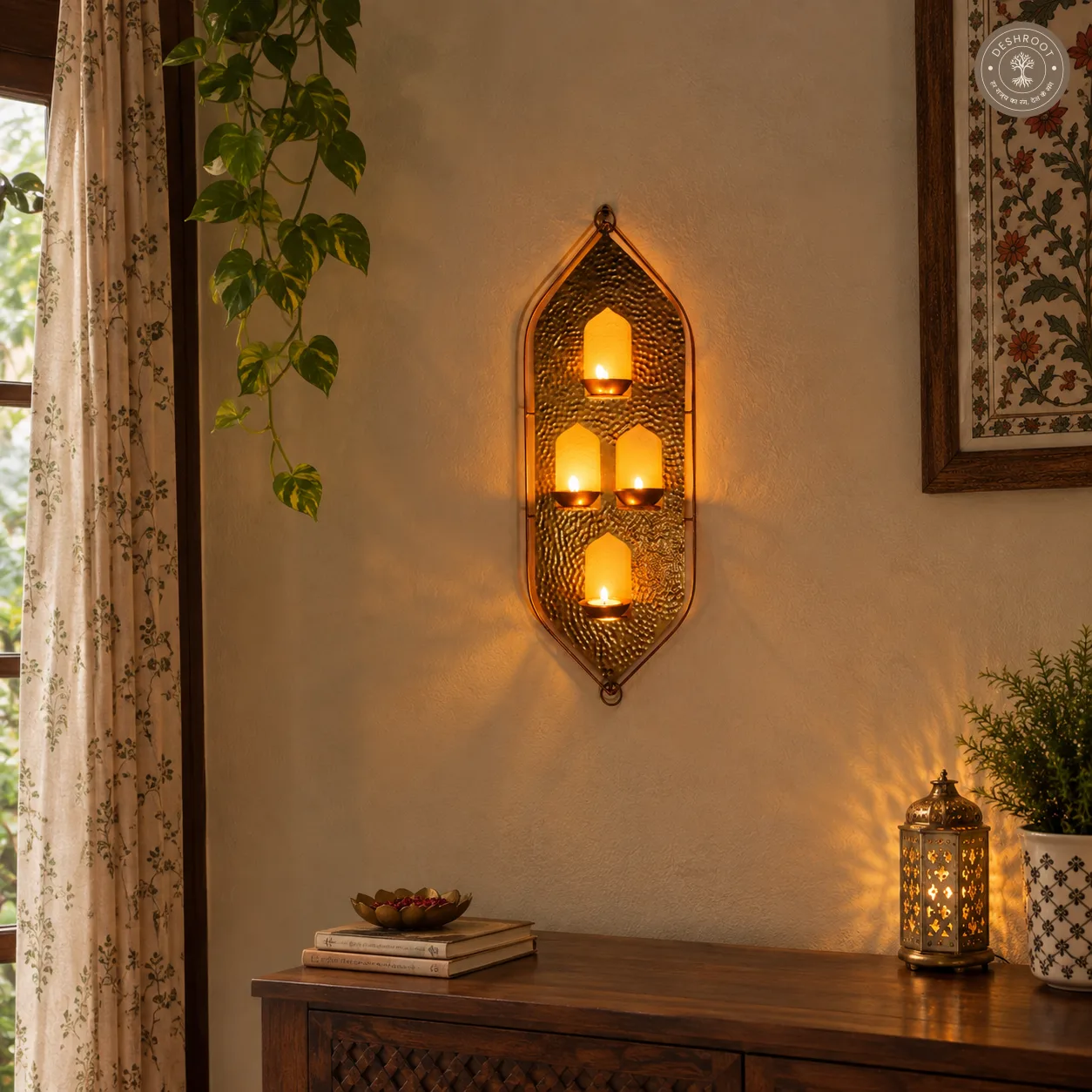 Golden Hammered Iron Wall Hanging Tealight Candle Holder with 4 Slots