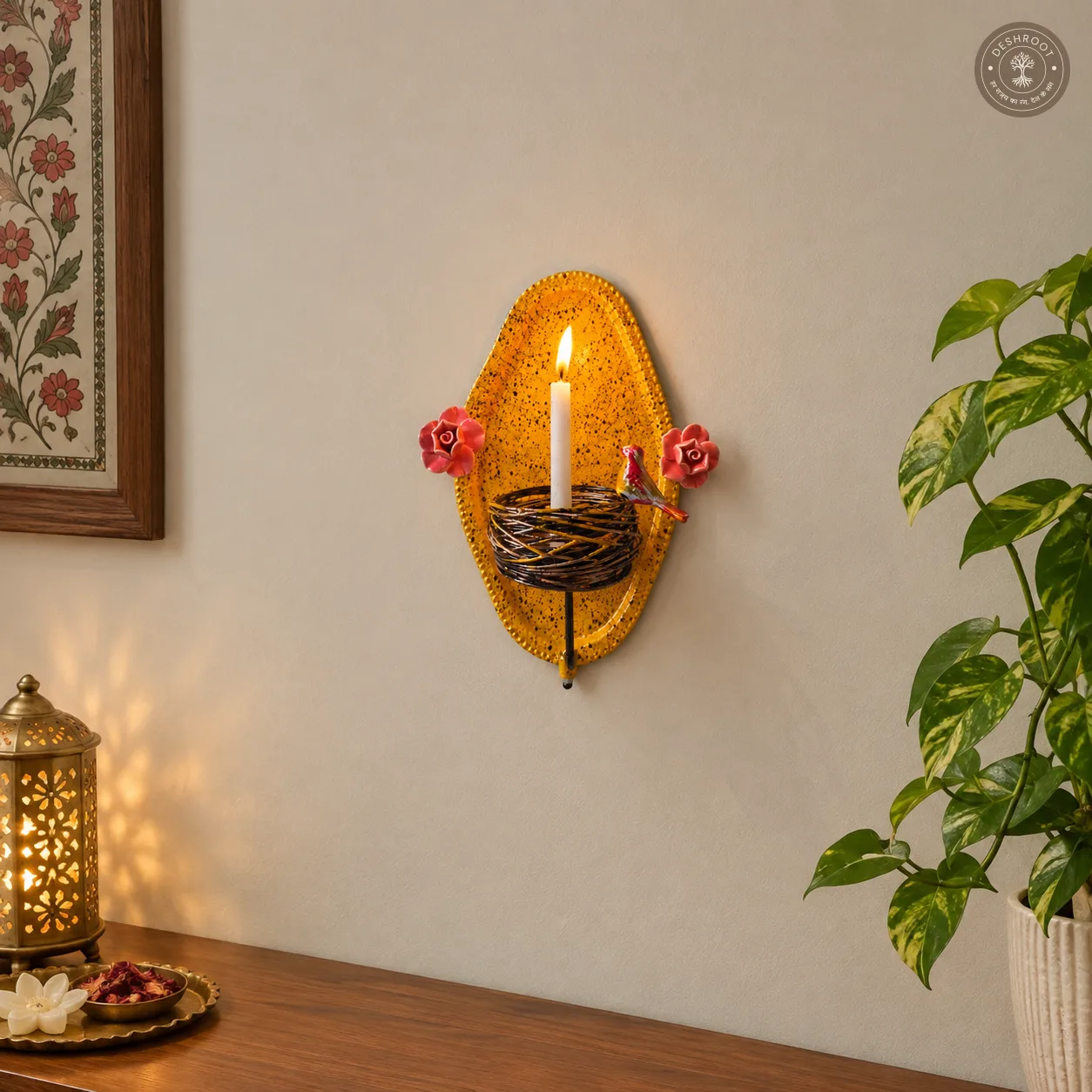 Decorative Iron Floral Wall Hanging Tealight Candle Holder with Bird Accent