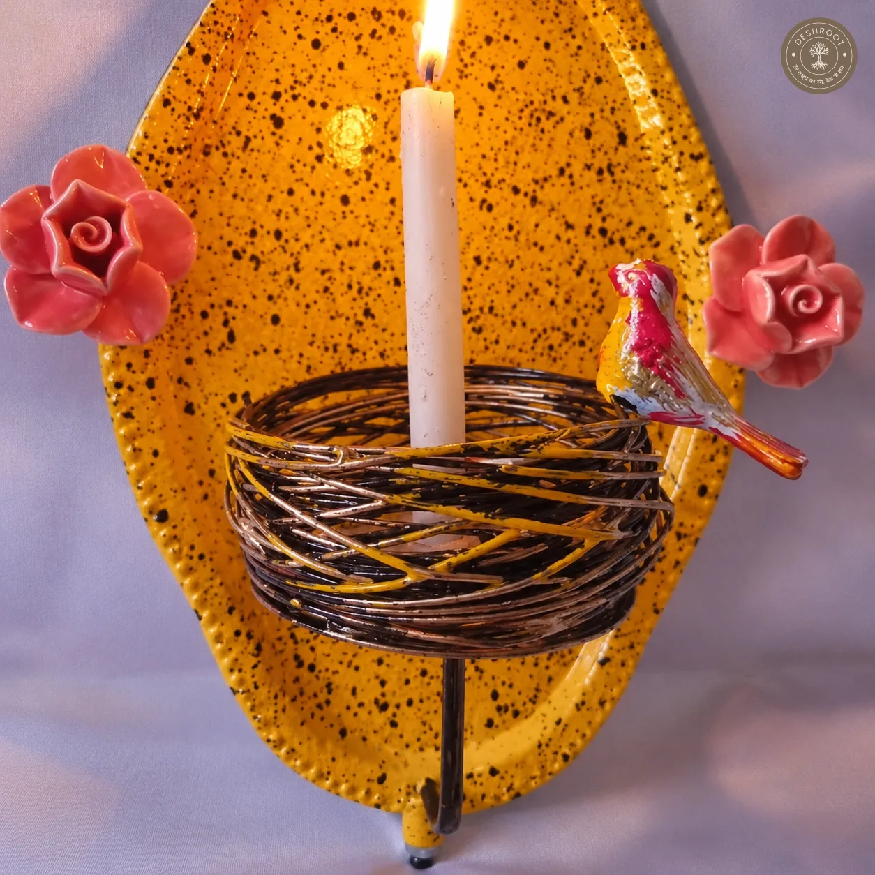 Decorative Iron Floral Wall Hanging Tealight Candle Holder with Bird Accent