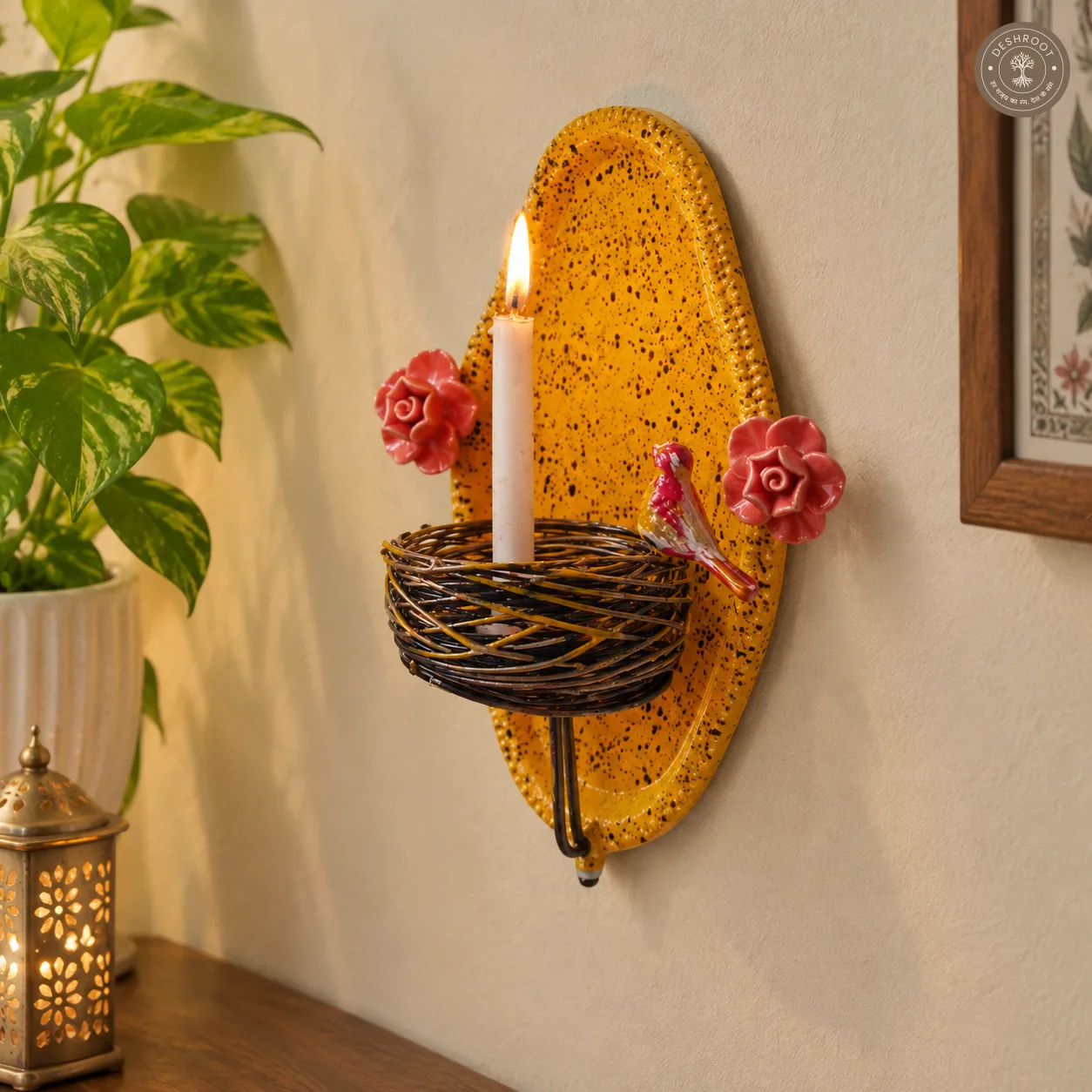 Decorative Iron Floral Wall Hanging Tealight Candle Holder with Bird Accent