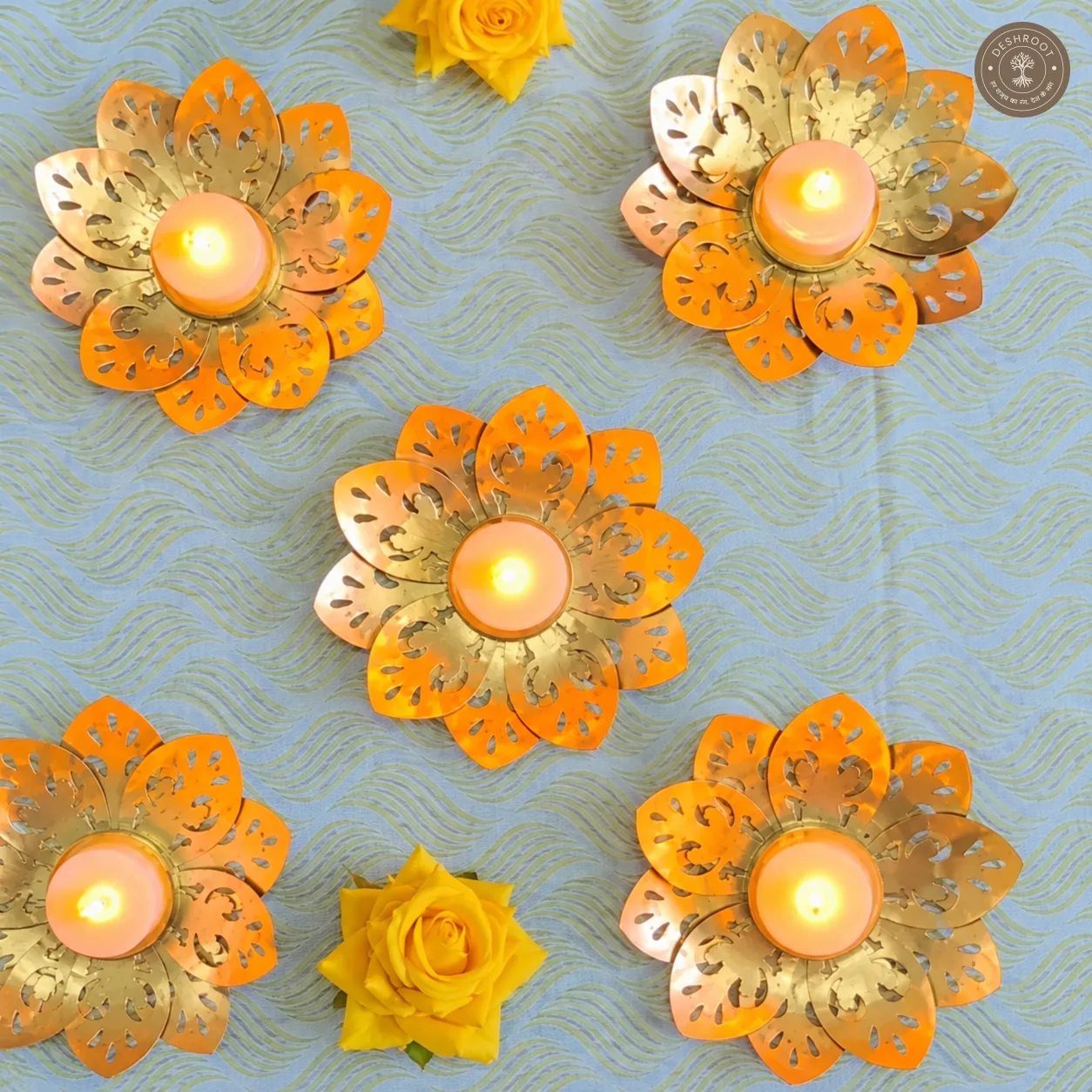 Golden Iron Lotus Flower Tealight Candle Holder with Wax Candle