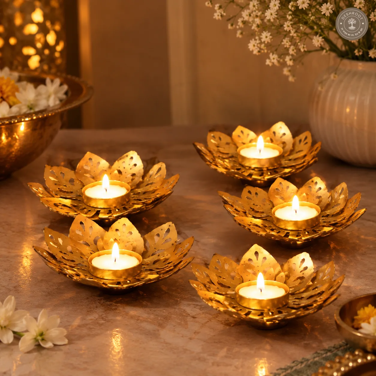Golden Iron Lotus Flower Tealight Candle Holder with Wax Candle