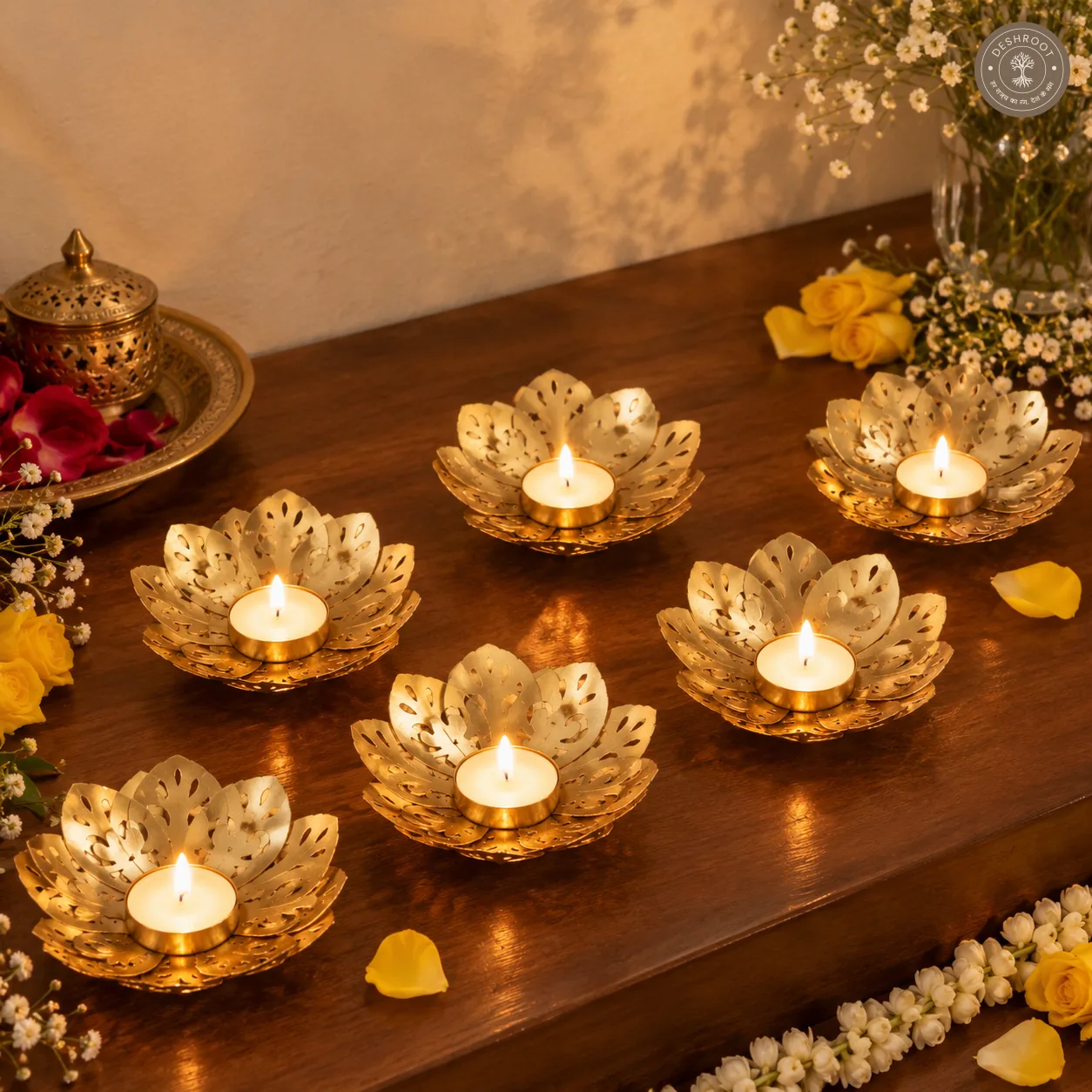 Golden Iron Lotus Flower Tealight Candle Holder with Wax Candle