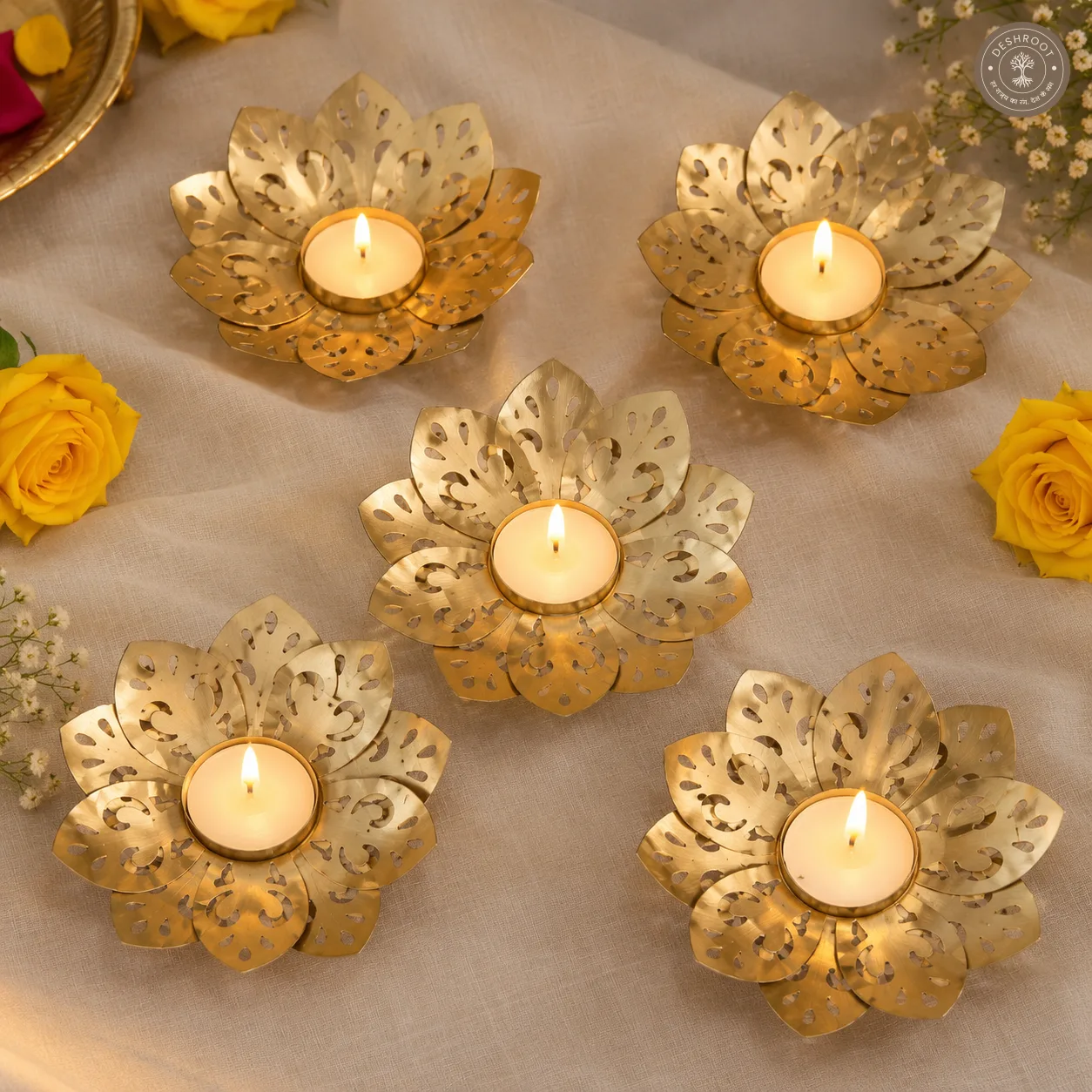 Golden Iron Lotus Flower Tealight Candle Holder with Wax Candle