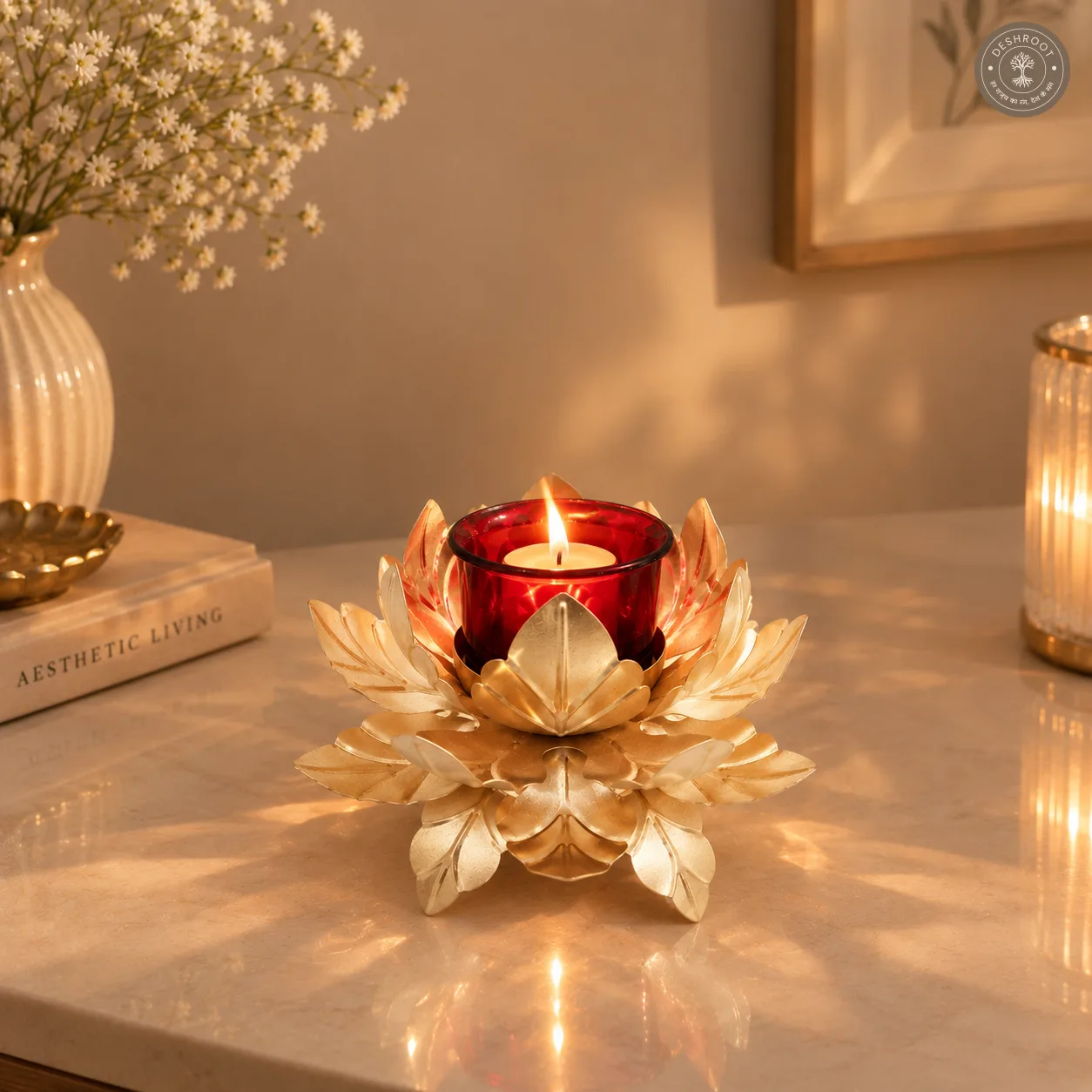 3 Layer Flower Tealight Candle Holder with Glass - Set of 2
