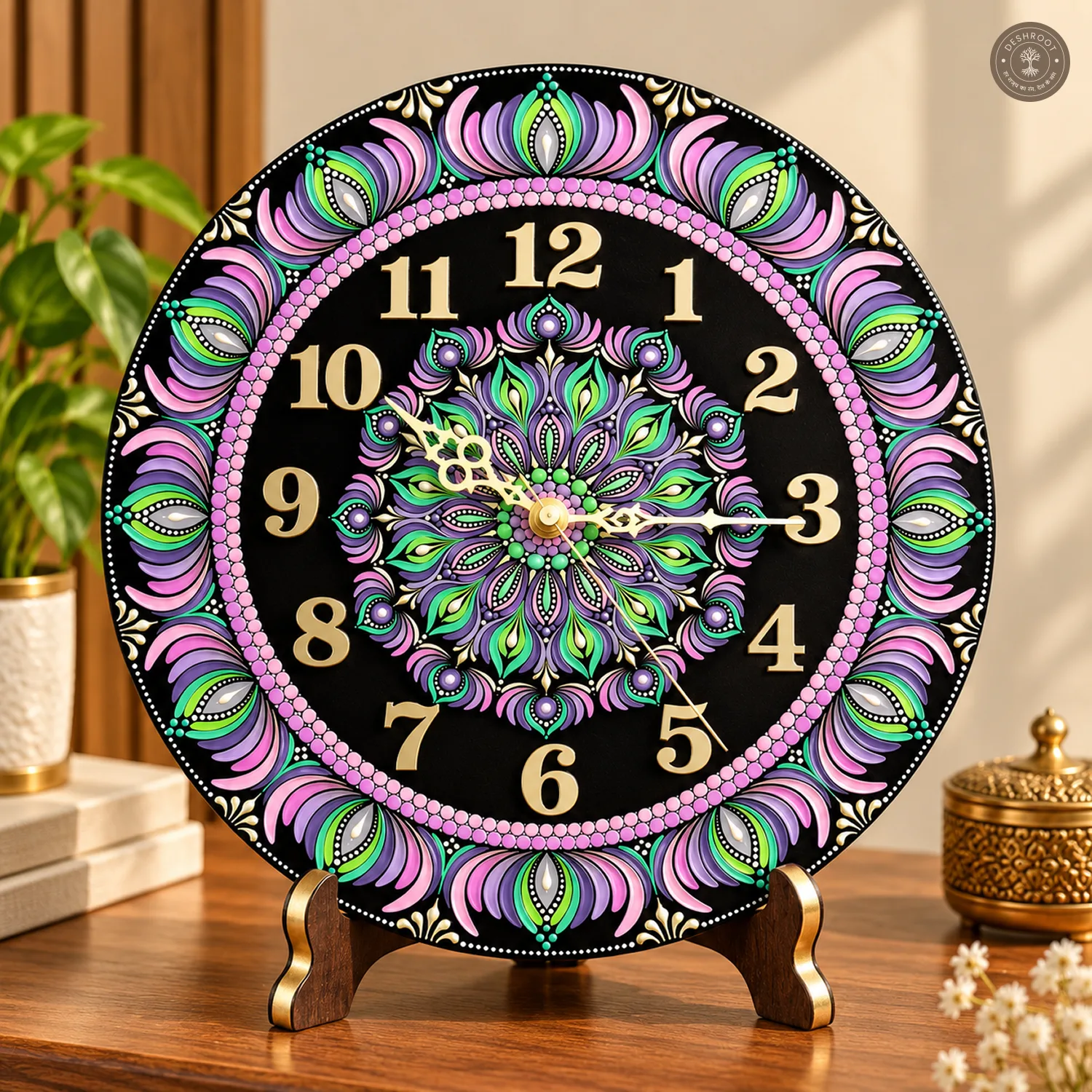 Purple Green Dot Mandala Resin Clock