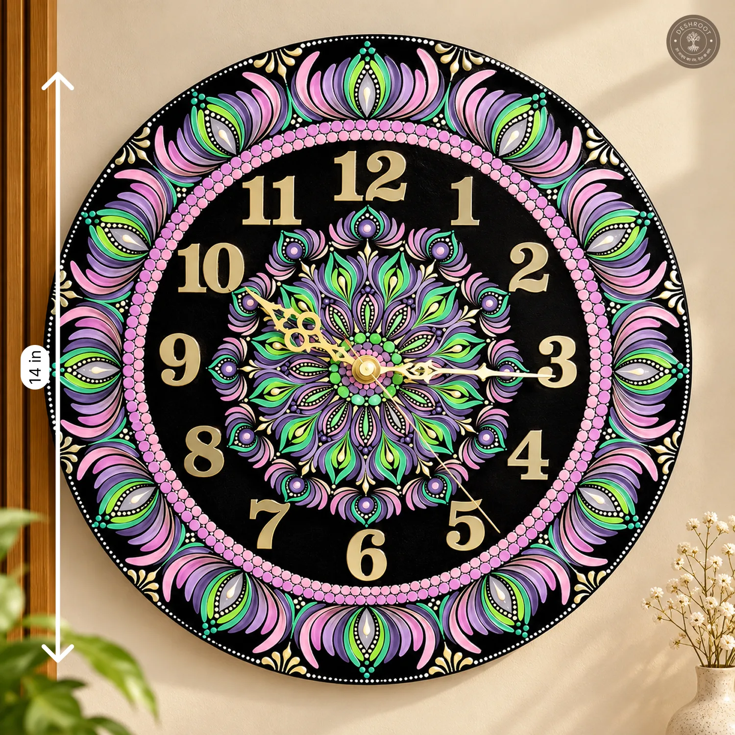 Purple Green Dot Mandala Resin Clock