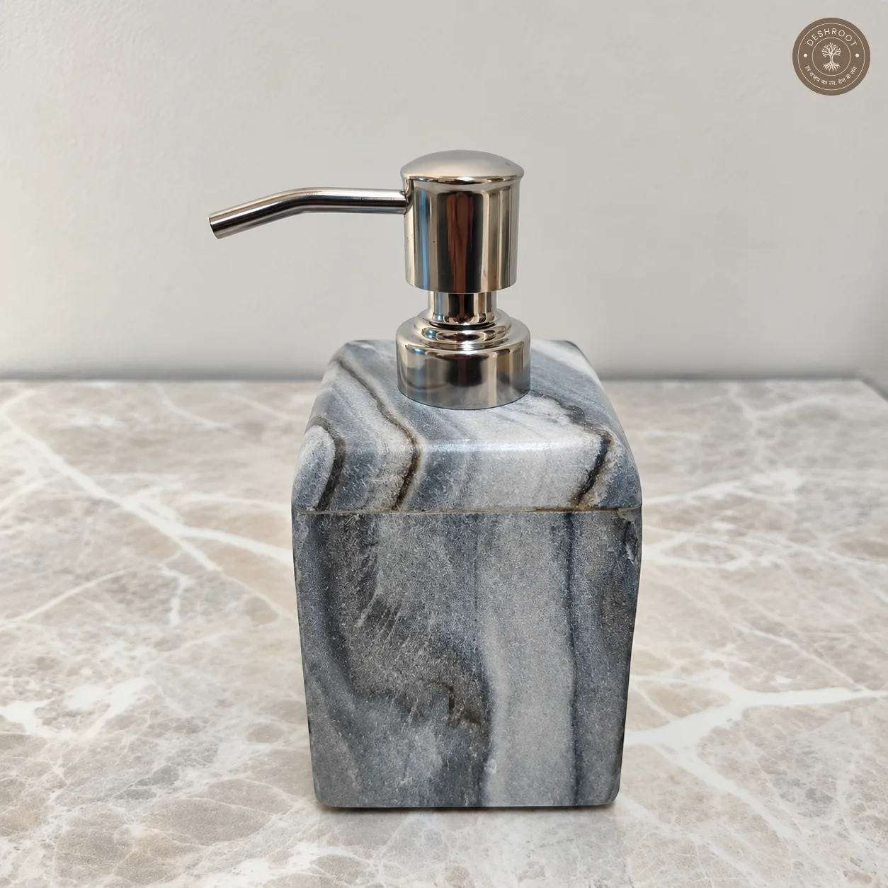 Premium Grey Marble Soap Dispenser - Handcrafted Agra Natural Marble Liquid Soap Pump with Stainless Steel Dispenser for Bathroom & Kitchen Décor