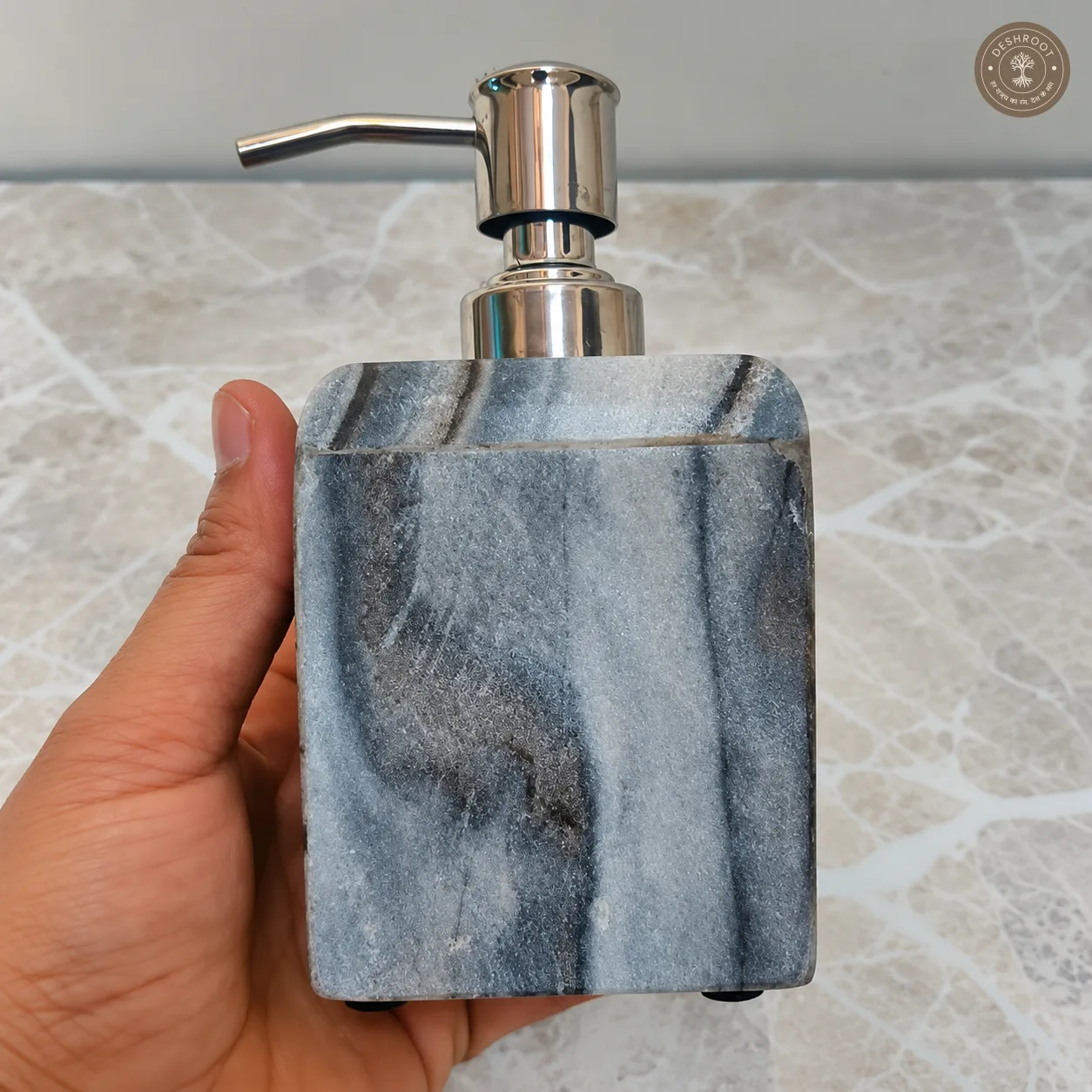 Premium Grey Marble Soap Dispenser - Handcrafted Agra Natural Marble Liquid Soap Pump with Stainless Steel Dispenser for Bathroom & Kitchen Décor