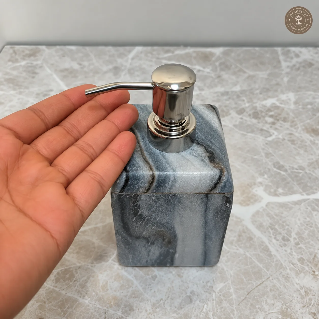 Premium Grey Marble Soap Dispenser - Handcrafted Agra Natural Marble Liquid Soap Pump with Stainless Steel Dispenser for Bathroom & Kitchen Décor