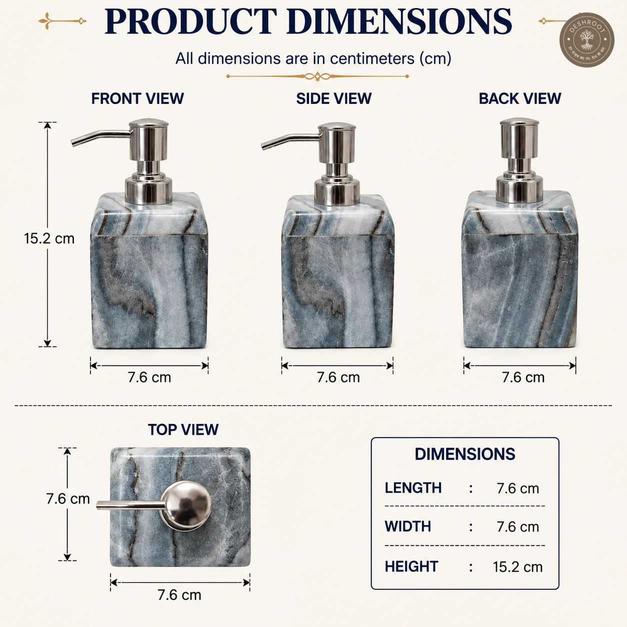 Premium Grey Marble Soap Dispenser - Handcrafted Agra Natural Marble Liquid Soap Pump with Stainless Steel Dispenser for Bathroom & Kitchen Décor