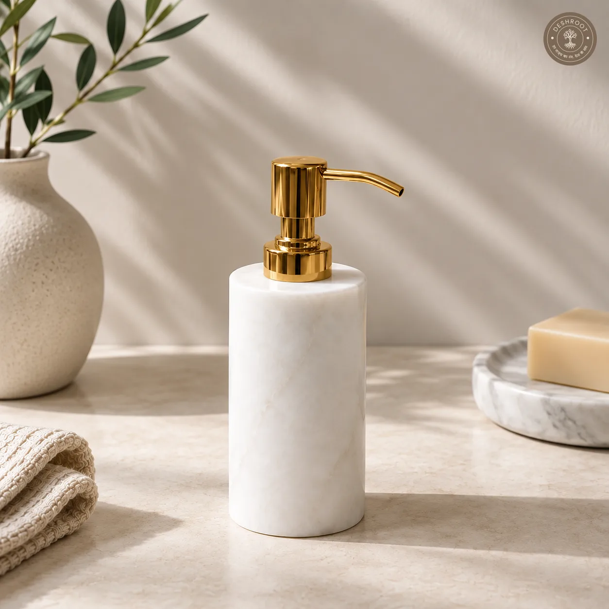 Premium White Marble Soap Dispenser with Gold Pump - Handcrafted Agra Natural Marble Liquid Soap Holder for Bathroom & Kitchen Décor
