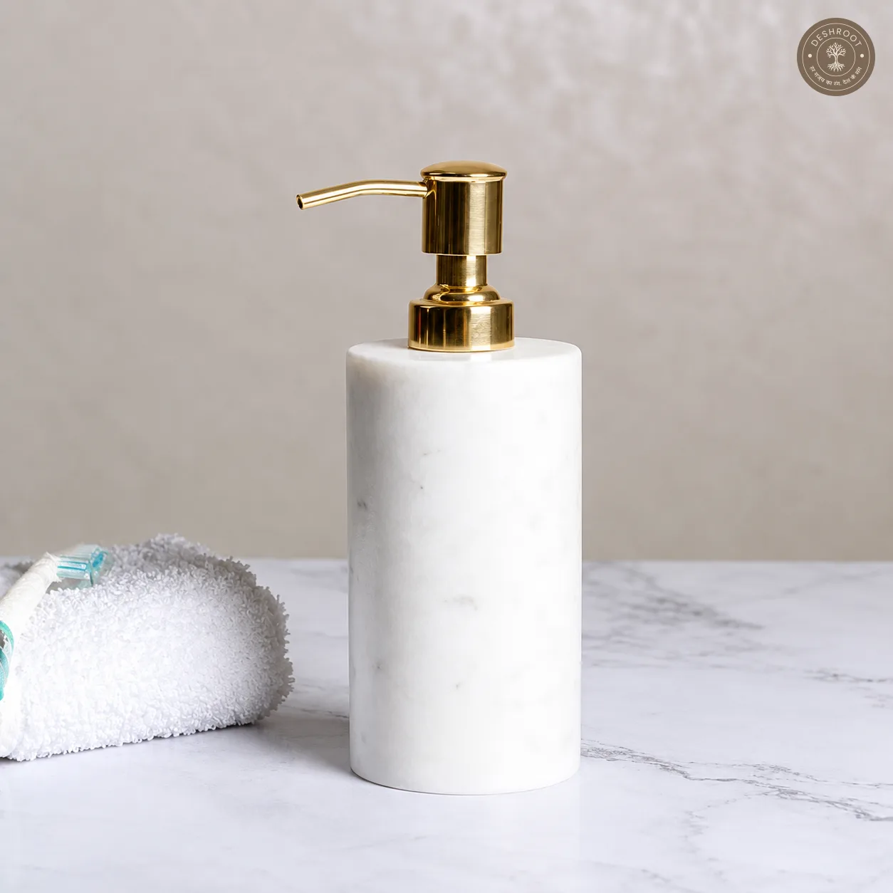 Premium White Marble Soap Dispenser with Gold Pump - Handcrafted Agra Natural Marble Liquid Soap Holder for Bathroom & Kitchen Décor