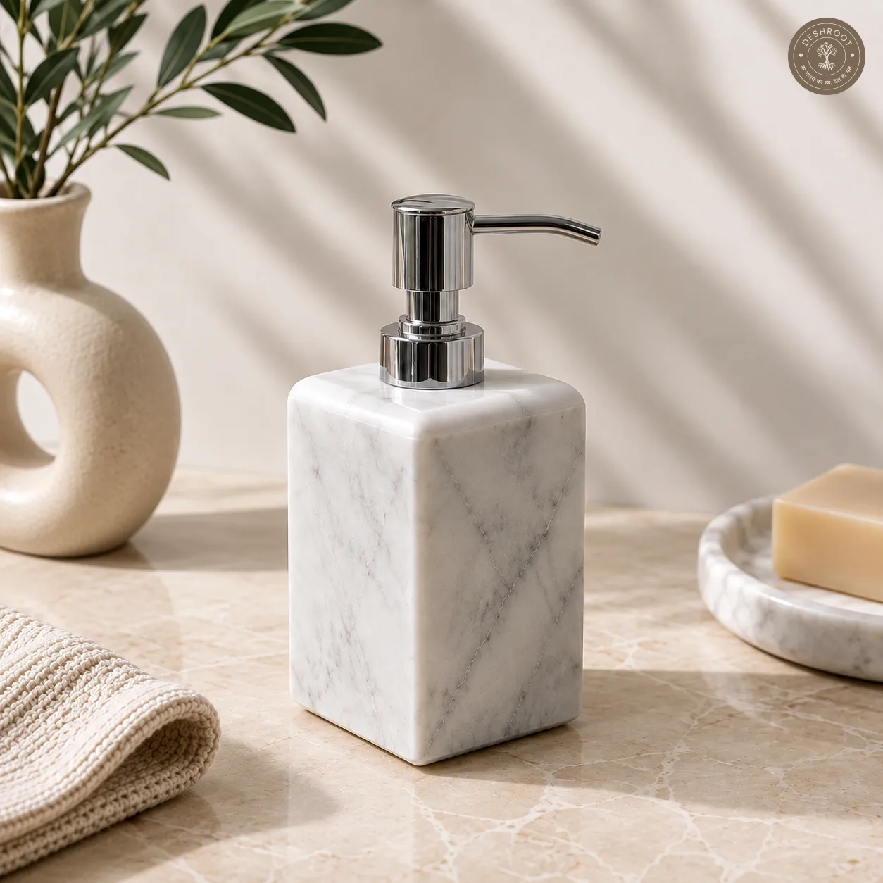Premium Agra Marble Craft Soap Dispenser - Handcrafted Natural White Marble Liquid Soap Pump with Stainless Steel Dispenser for Bathroom & Kitchen