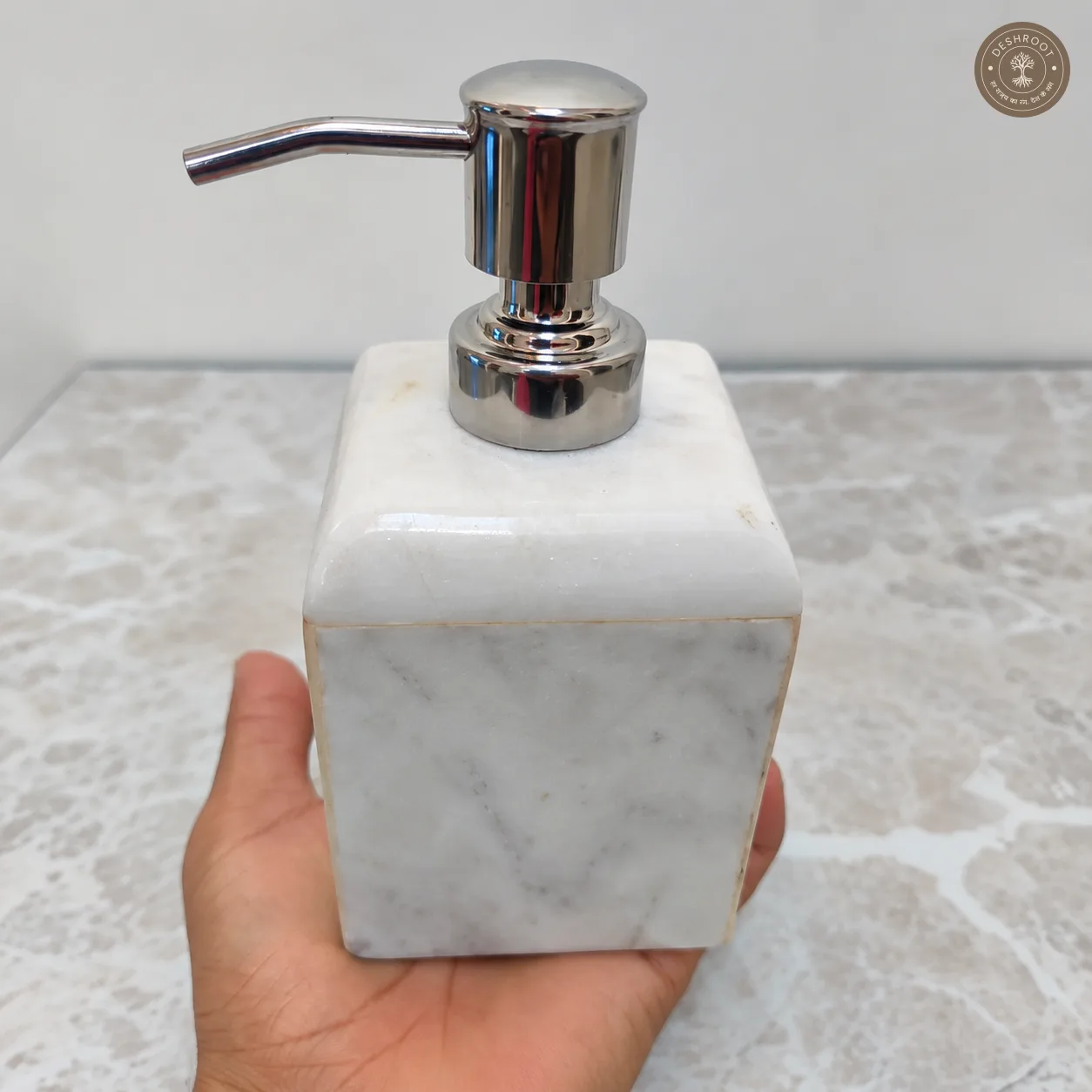 Premium Agra Marble Craft Soap Dispenser - Handcrafted Natural White Marble Liquid Soap Pump with Stainless Steel Dispenser for Bathroom & Kitchen