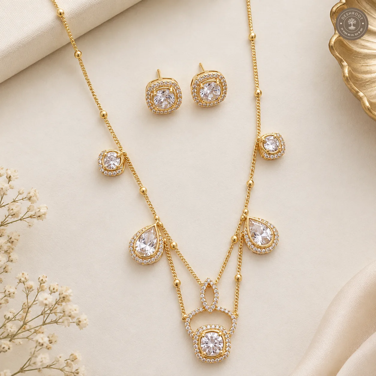 Elegant Gold Tone CZ Layered Necklace & Earring Set