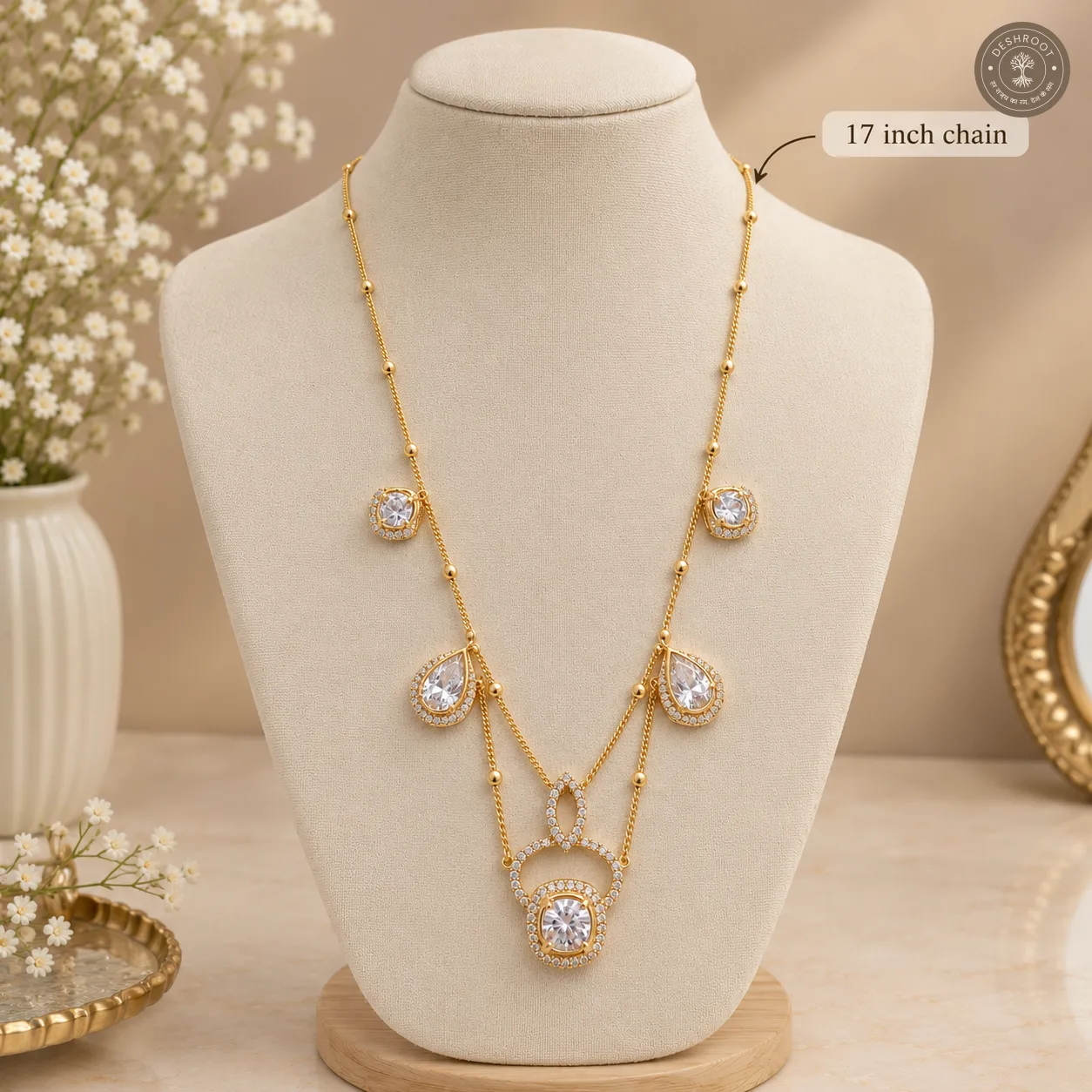 Elegant Gold Tone CZ Layered Necklace & Earring Set