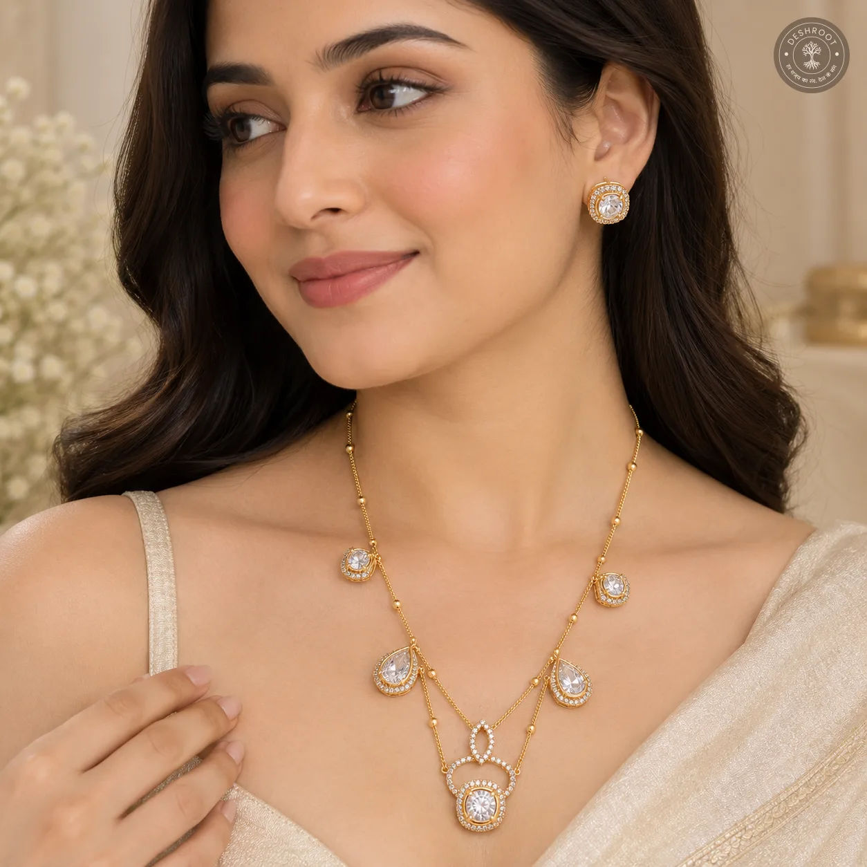 Elegant Gold Tone CZ Layered Necklace & Earring Set