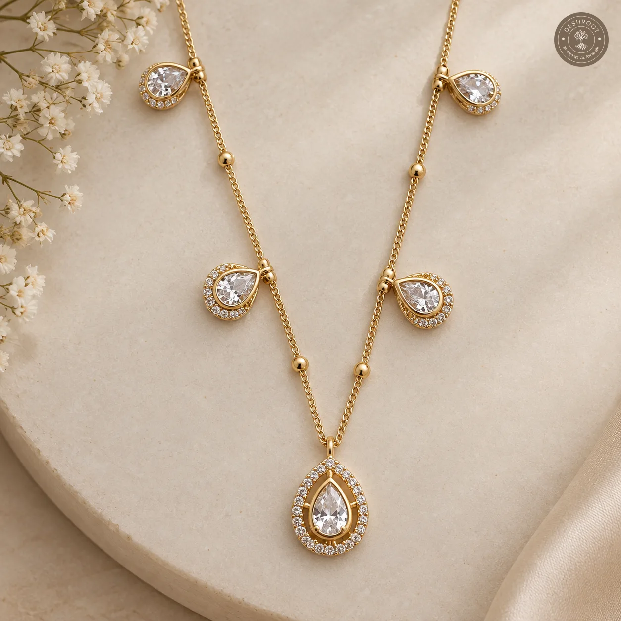 Elegant Gold Tone Teardrop Necklace & Earring Set