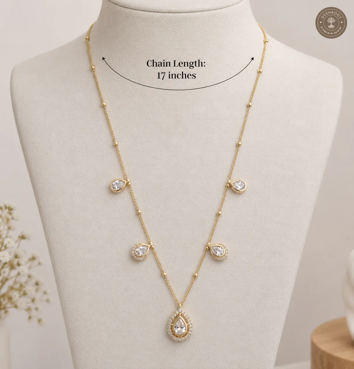 Elegant Gold Tone Teardrop Necklace & Earring Set