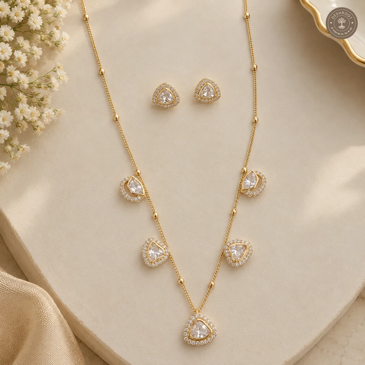 Premium Gold Tone Crystal Triangle Pendant Necklace Set