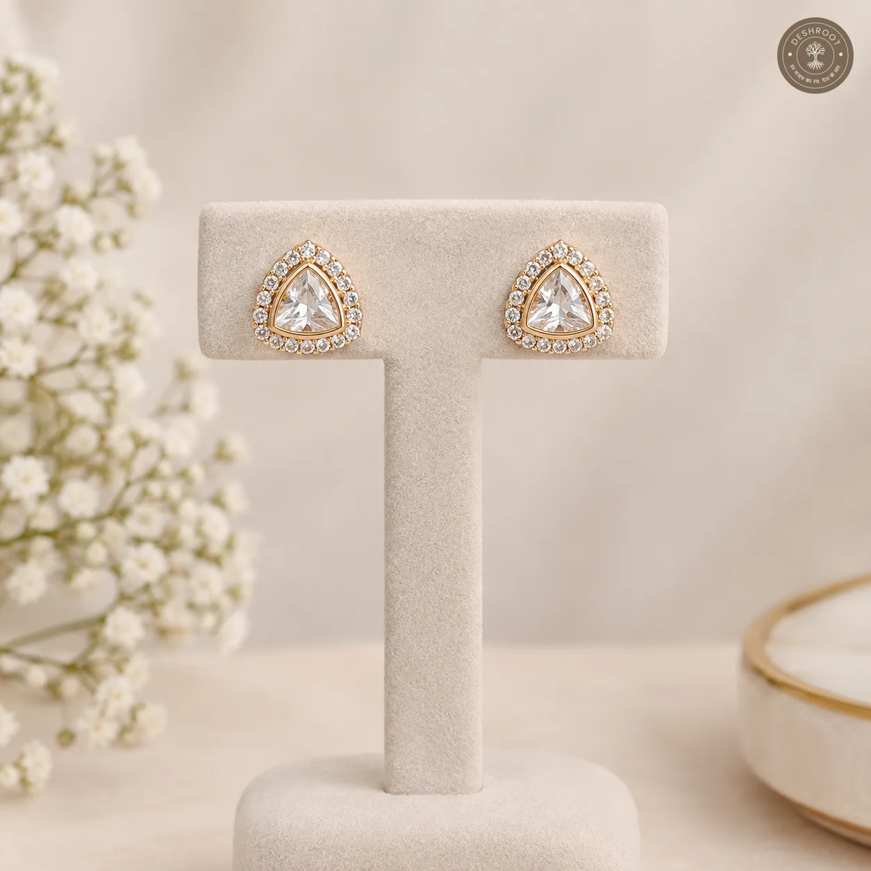 Premium Gold Tone Crystal Triangle Pendant Necklace Set