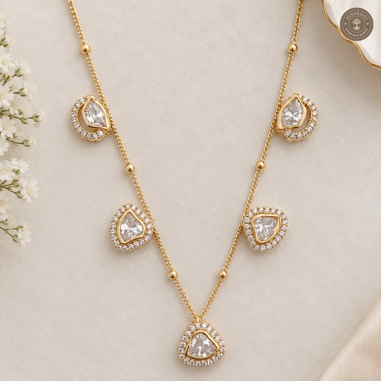 Premium Gold Tone Crystal Triangle Pendant Necklace Set