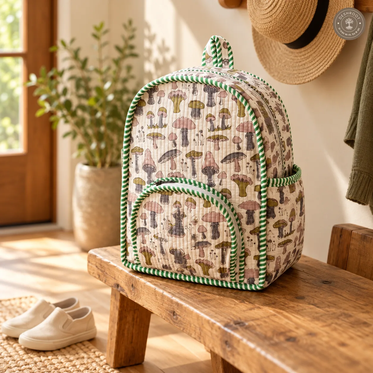 Handcrafted Quilted Mushroom Print Cotton Kids Backpack – Lightweight School & Travel Bag
