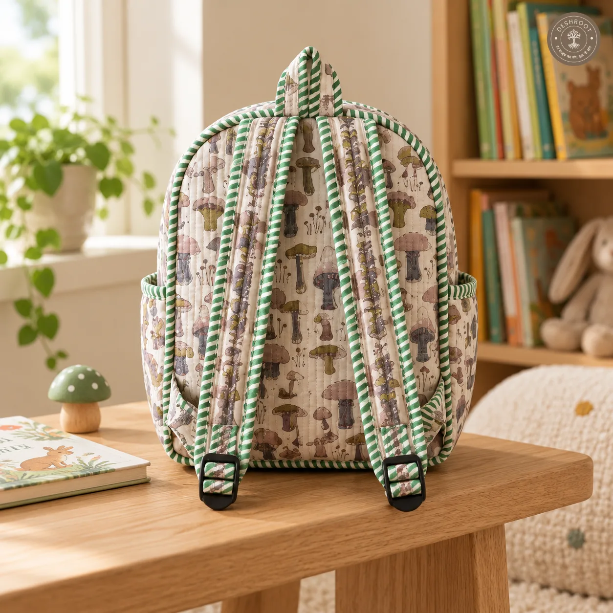Handcrafted Quilted Mushroom Print Cotton Kids Backpack – Lightweight School & Travel Bag