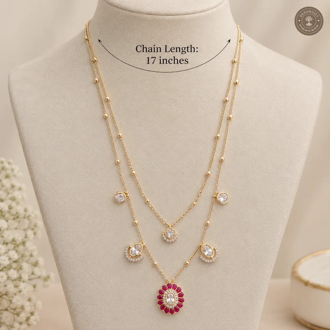 Premium Gold Tone Red Stone Layered Necklace Set