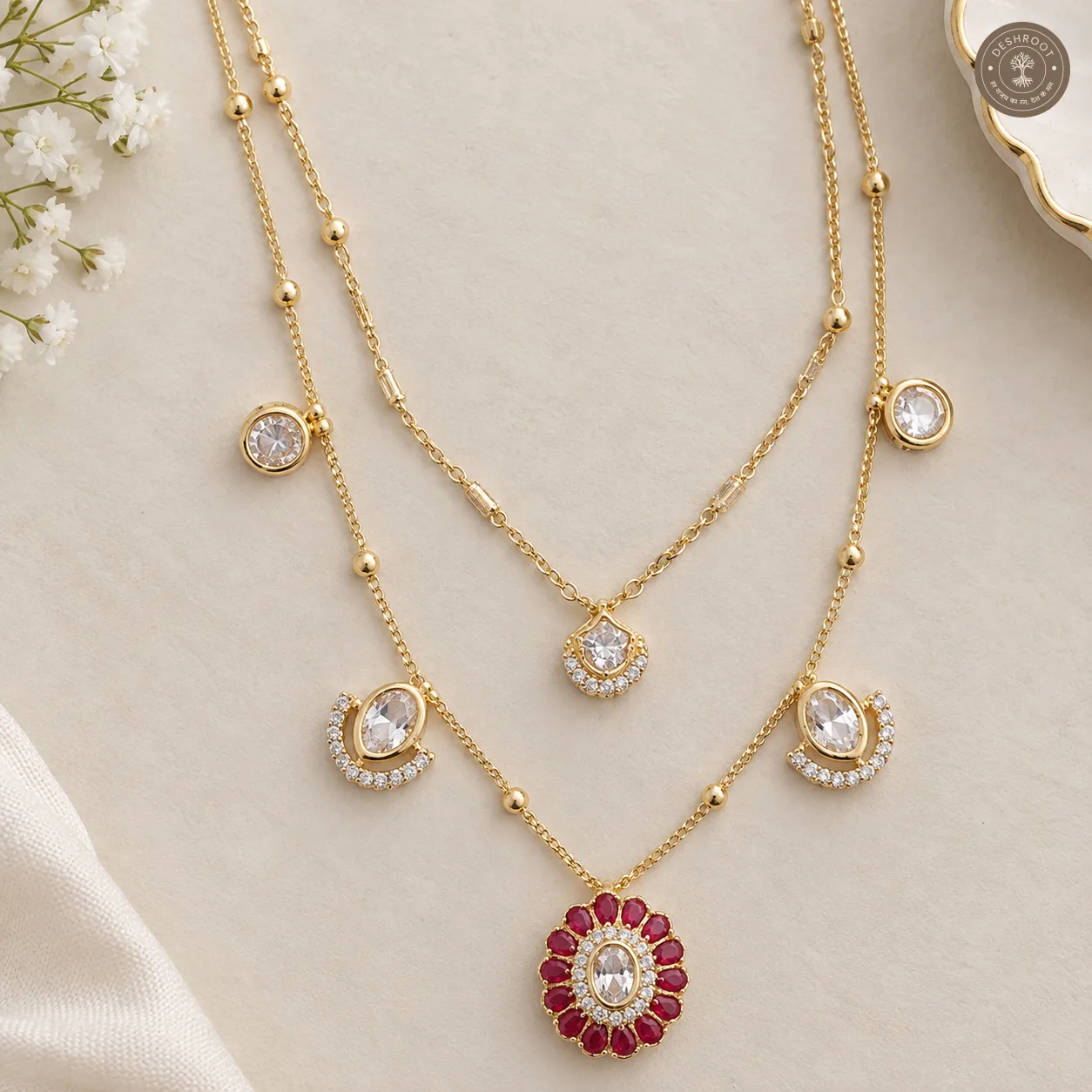 Premium Gold Tone Red Stone Layered Necklace Set