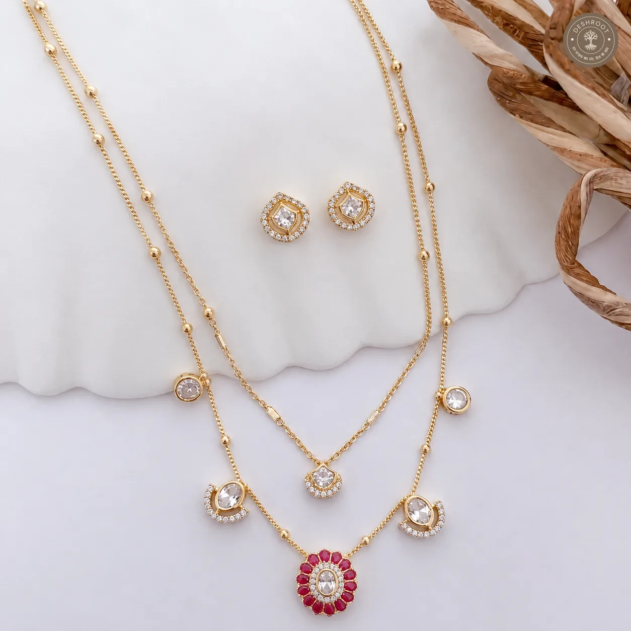 Premium Gold Tone Red Stone Layered Necklace Set