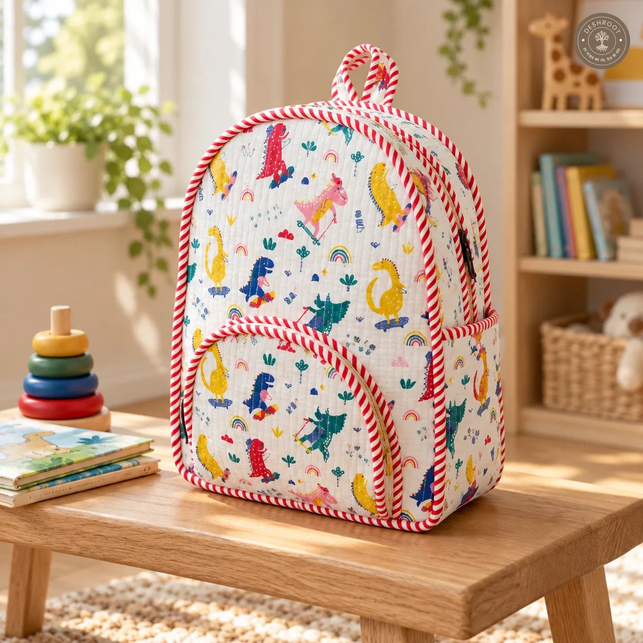 Handcrafted Quilted Dinosaur Print Cotton Kids Backpack – Lightweight School & Travel Bag